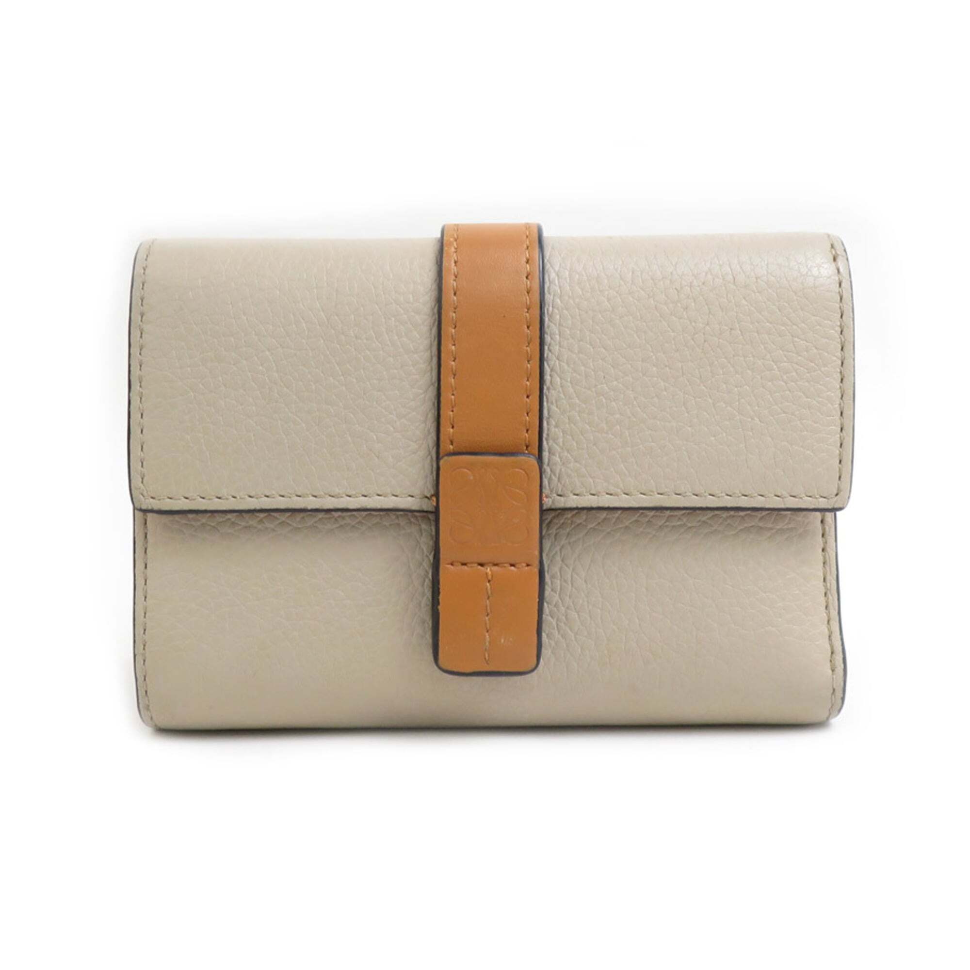 Loewe Tri-Fold Wallet Vertical Leather Greige Brown Pink Women's E60019j